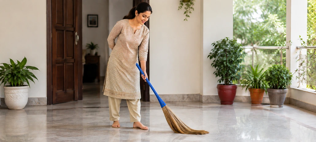 Sweeping floor tiles to keep them clean