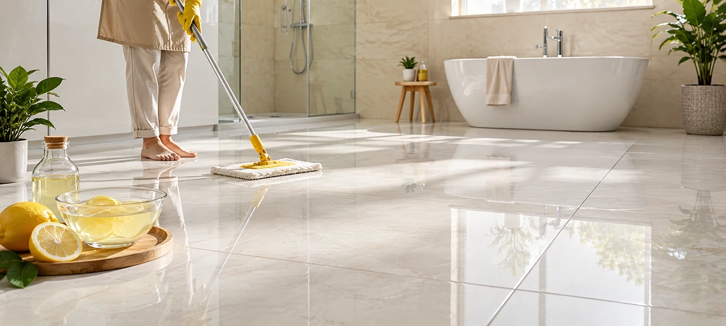 Cleaning floor tiles with lemon juice for shine