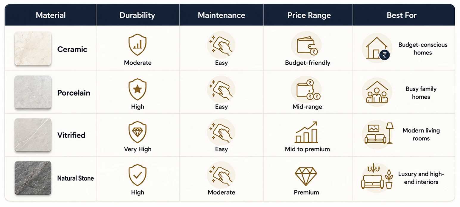 Living room tiles comparison based on cost, maintenance, durability